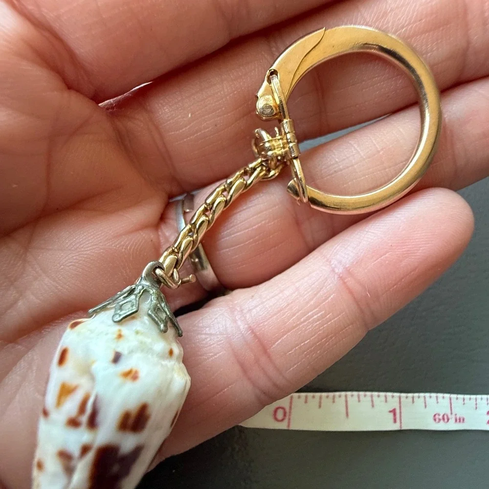 Vintage Natural Spotted Cone Shell Keychain Gold Tone Nautical Beach Bag Charm